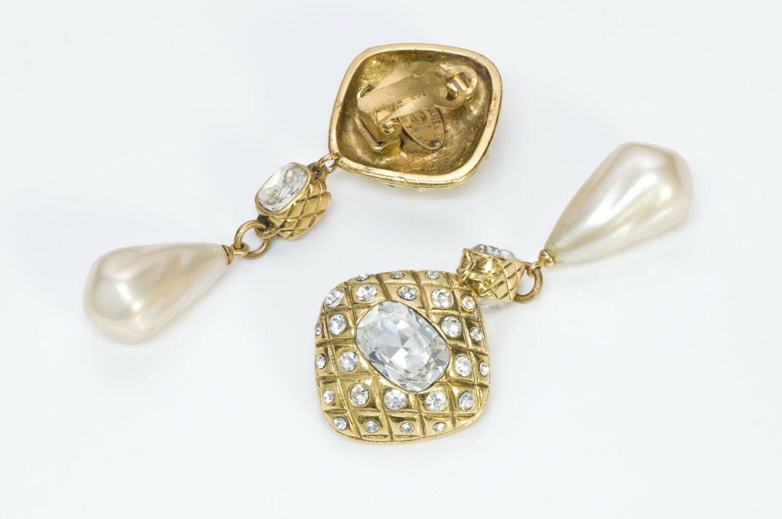 CHANEL Vintage 1980’s Long Quilted Crystal Pearl Drop Earrings