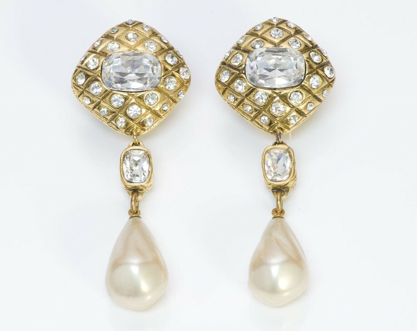CHANEL Vintage 1980’s Long Quilted Crystal Pearl Drop Earrings - DSF Antique Jewelry