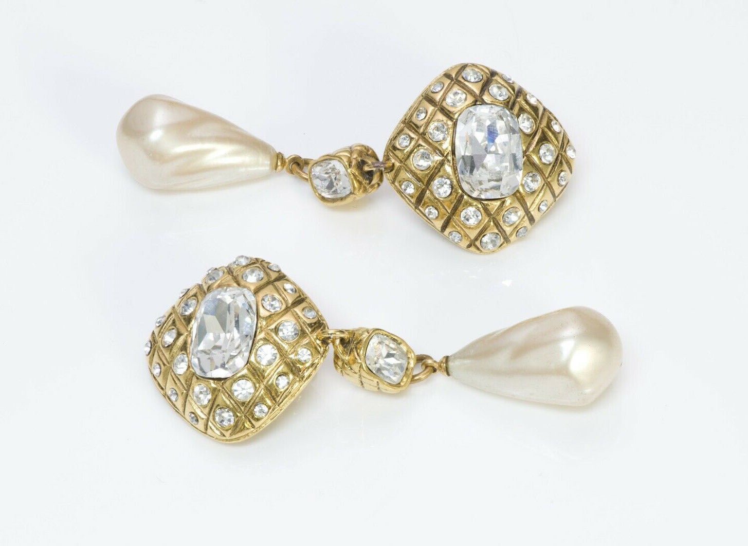 CHANEL Vintage 1980’s Long Quilted Crystal Pearl Drop Earrings