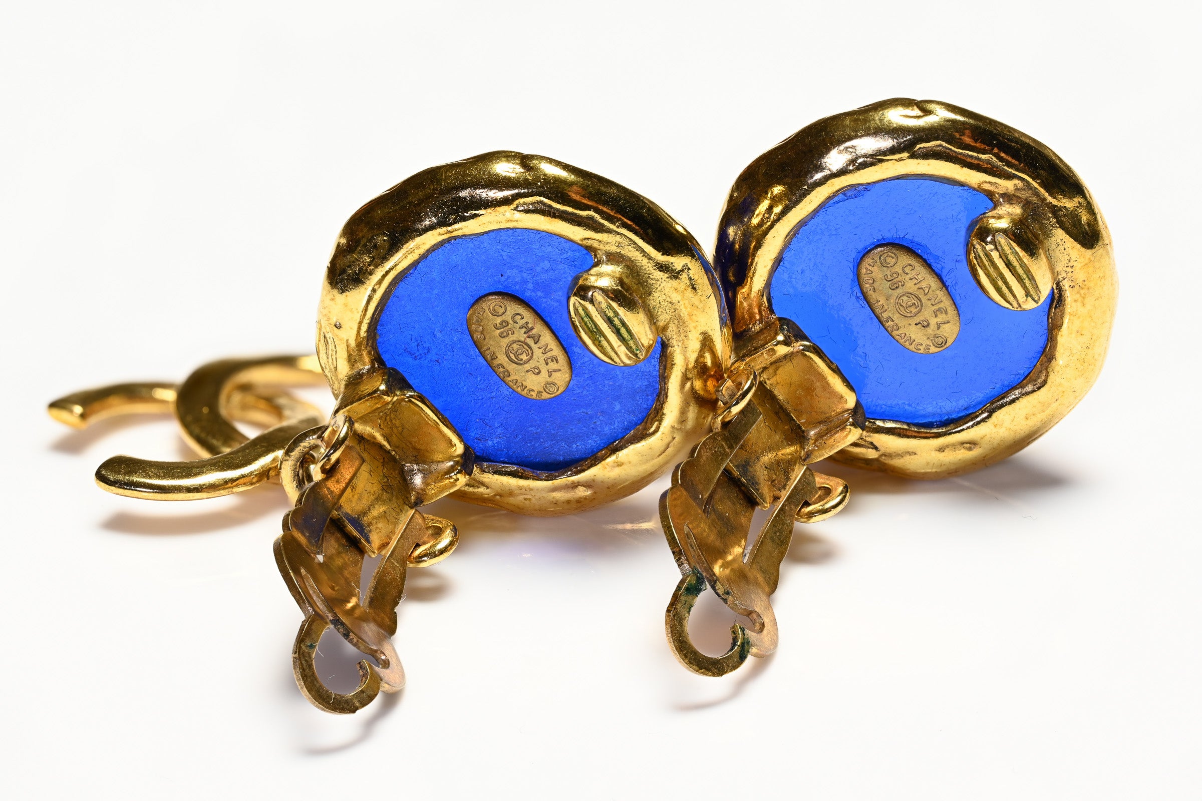 Vintage Chanel Spring 1996 Gripoix Blue Glass CC Drop Earrings