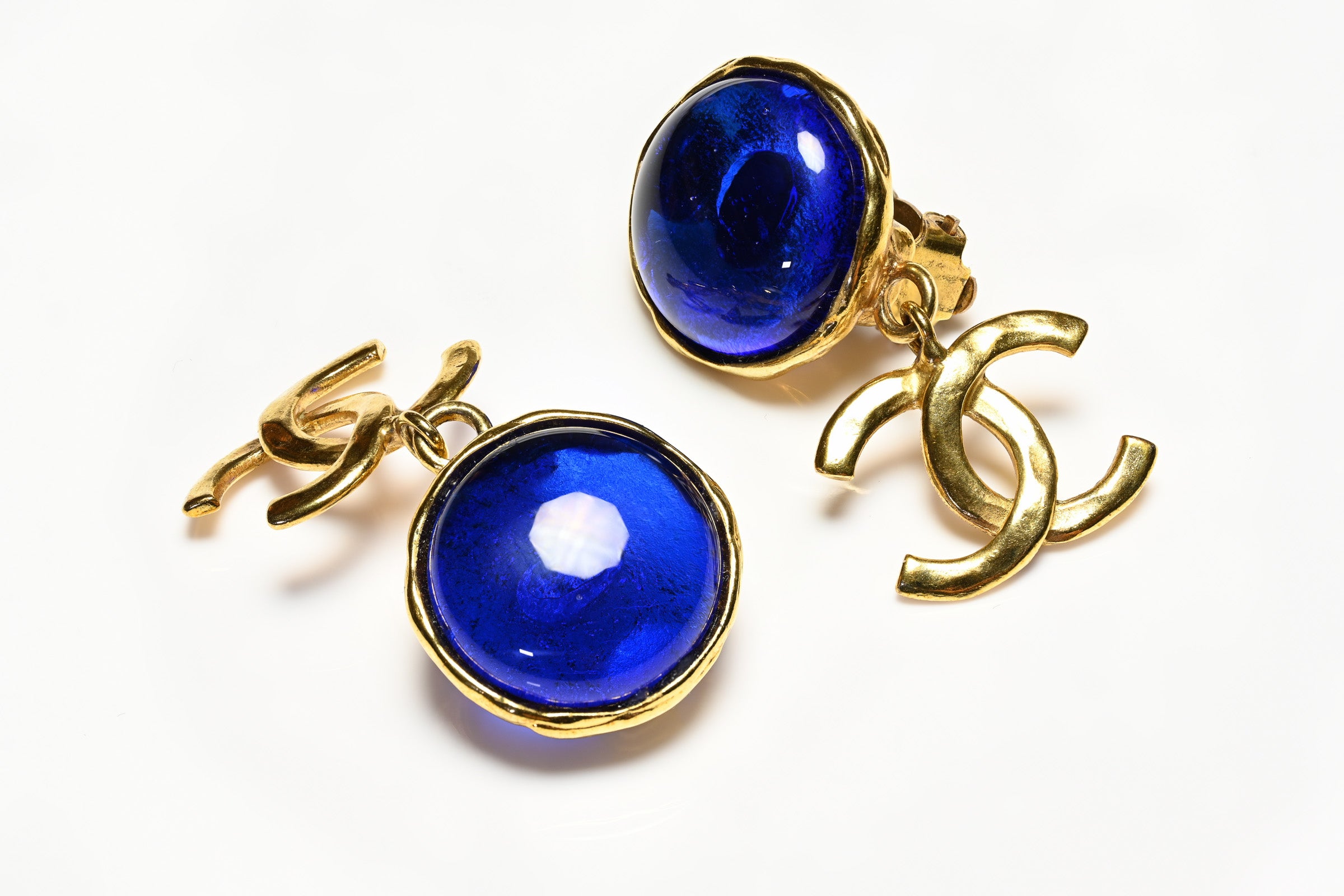 Vintage Chanel Paris Spring 1996 Gripoix Blue Glass CC Earrings