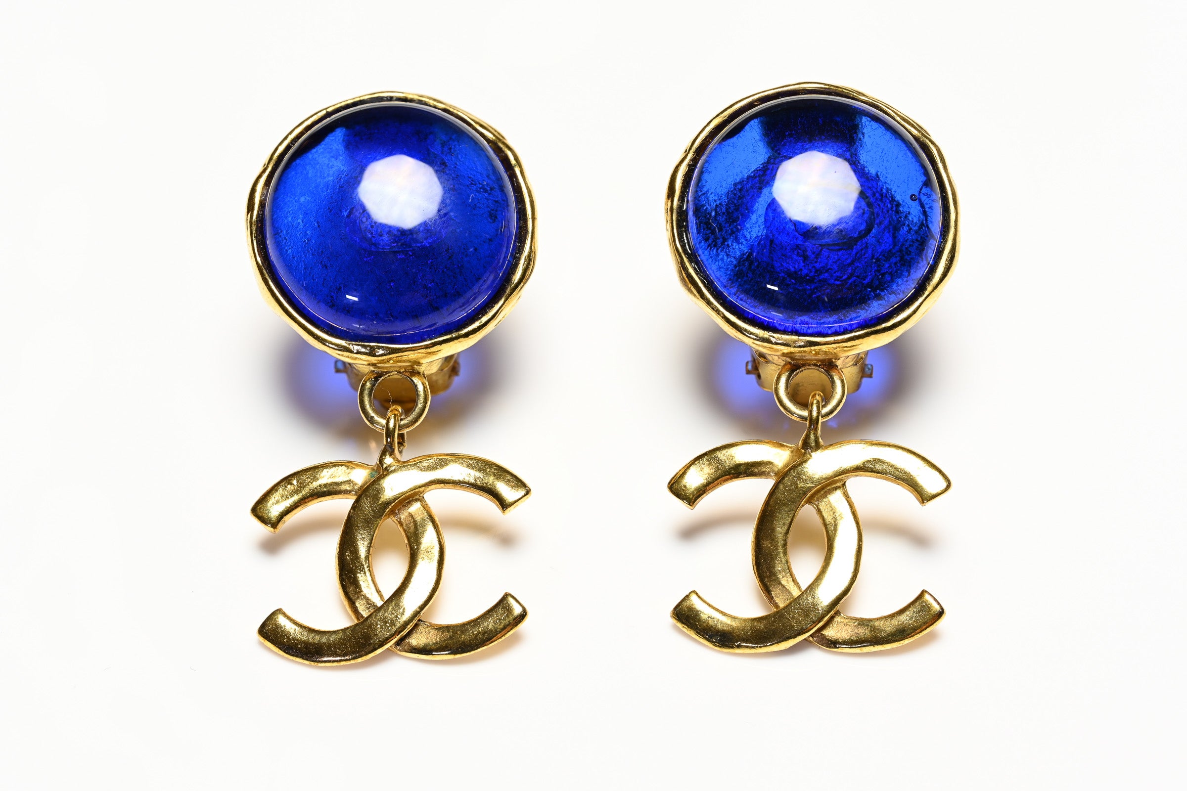 Vintage Chanel Paris Spring 1996 Gripoix Blue Glass CC Drop Earrings