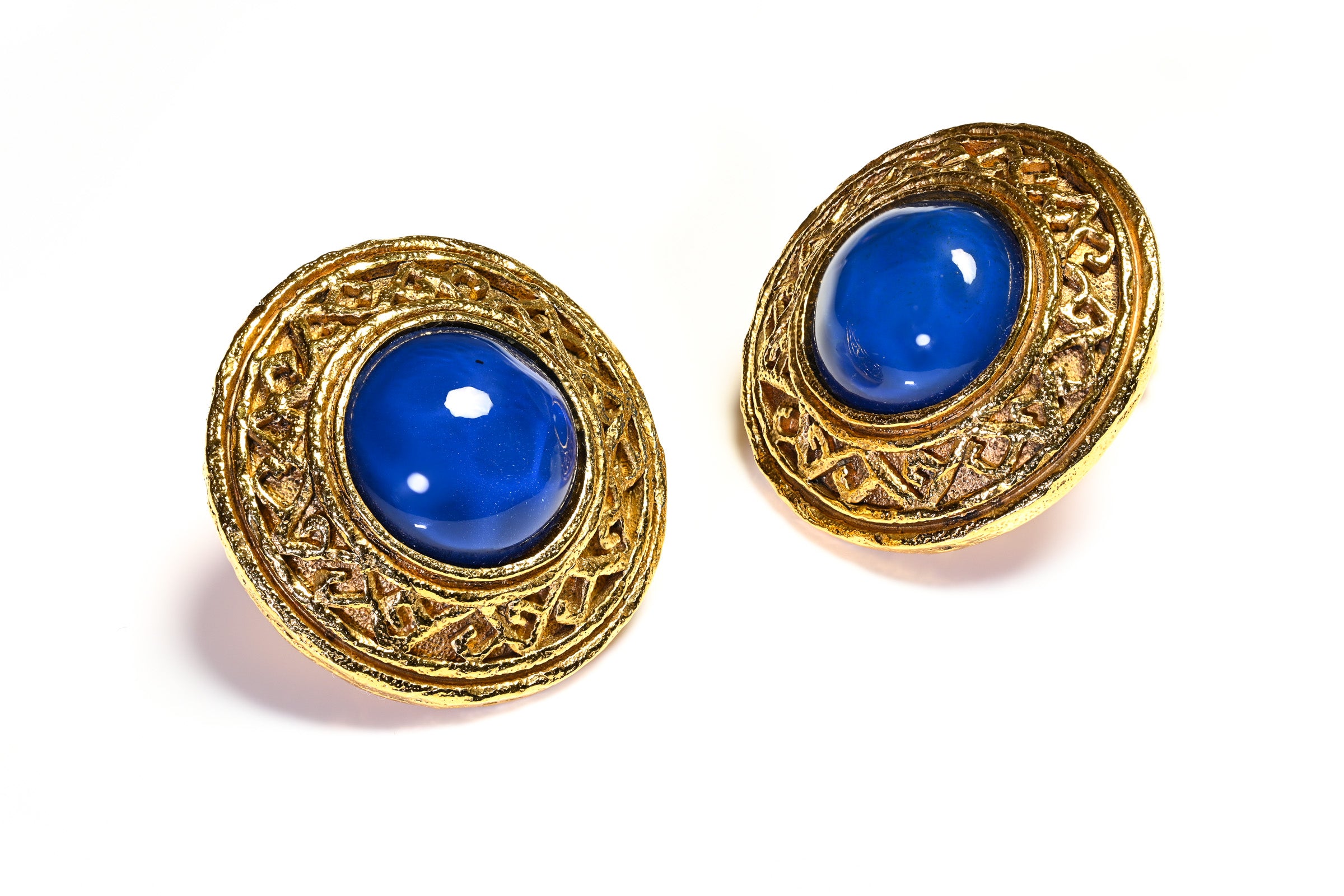 Vintage 1990's Chanel Maison Gripoix Blue Cabochon Glass Earrings