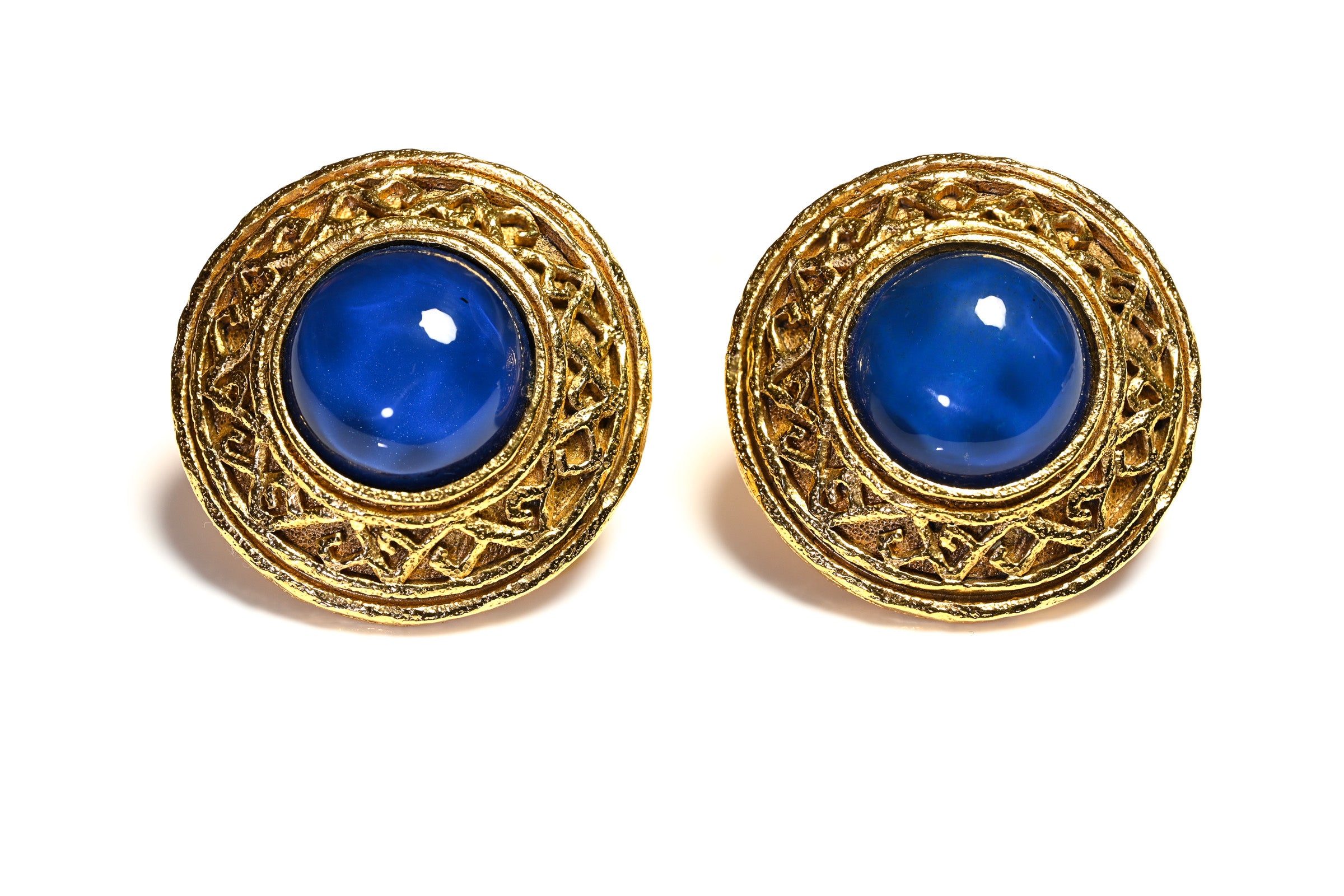 Vintage 1990's Chanel Paris Maison Gripoix Blue Cabochon Glass Earrings