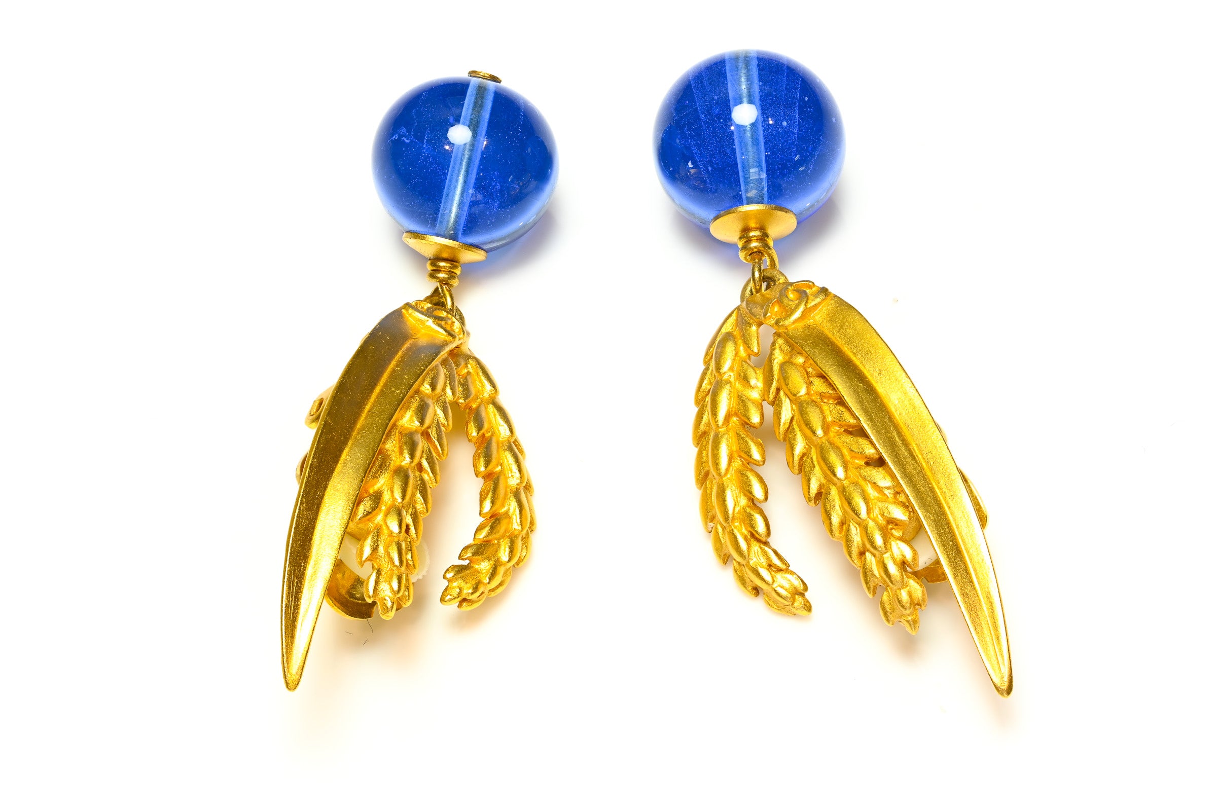 Vintage Chanel Paris Spring 1999 Gripoix Blue Glass Wheat Earrings 1