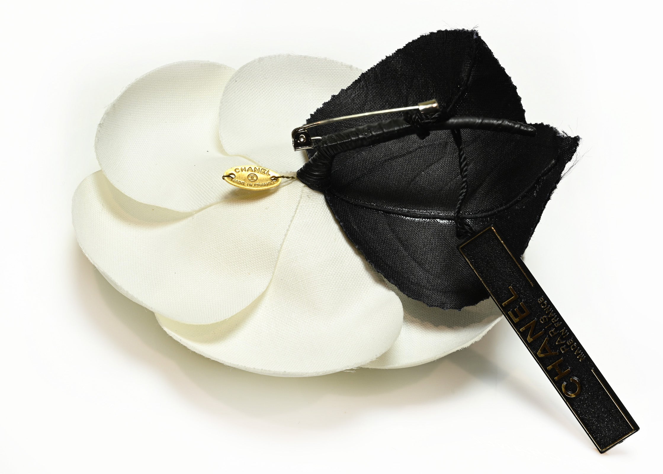 Vintage 1990's Chanel Paris White Black Silk Camellia Brooch