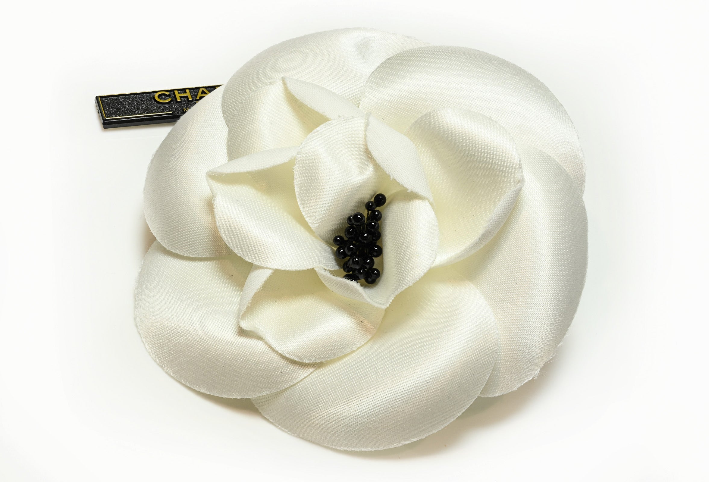 Vintage 1990's Chanel Paris White Black Silk Camellia Brooch 1