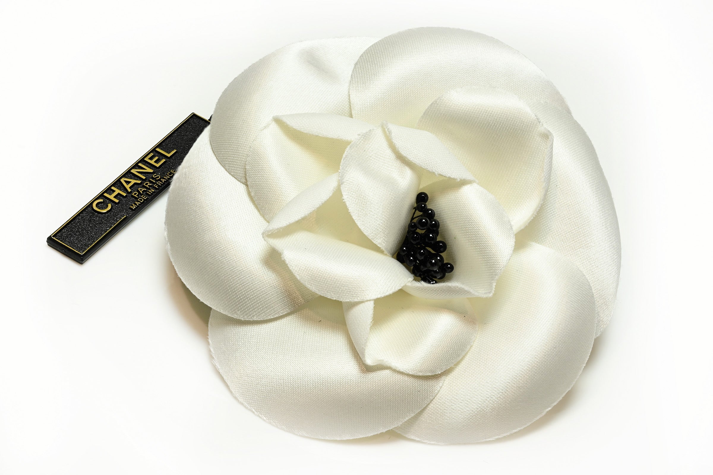Vintage 1990's Chanel Paris White Black Silk Camellia Brooch