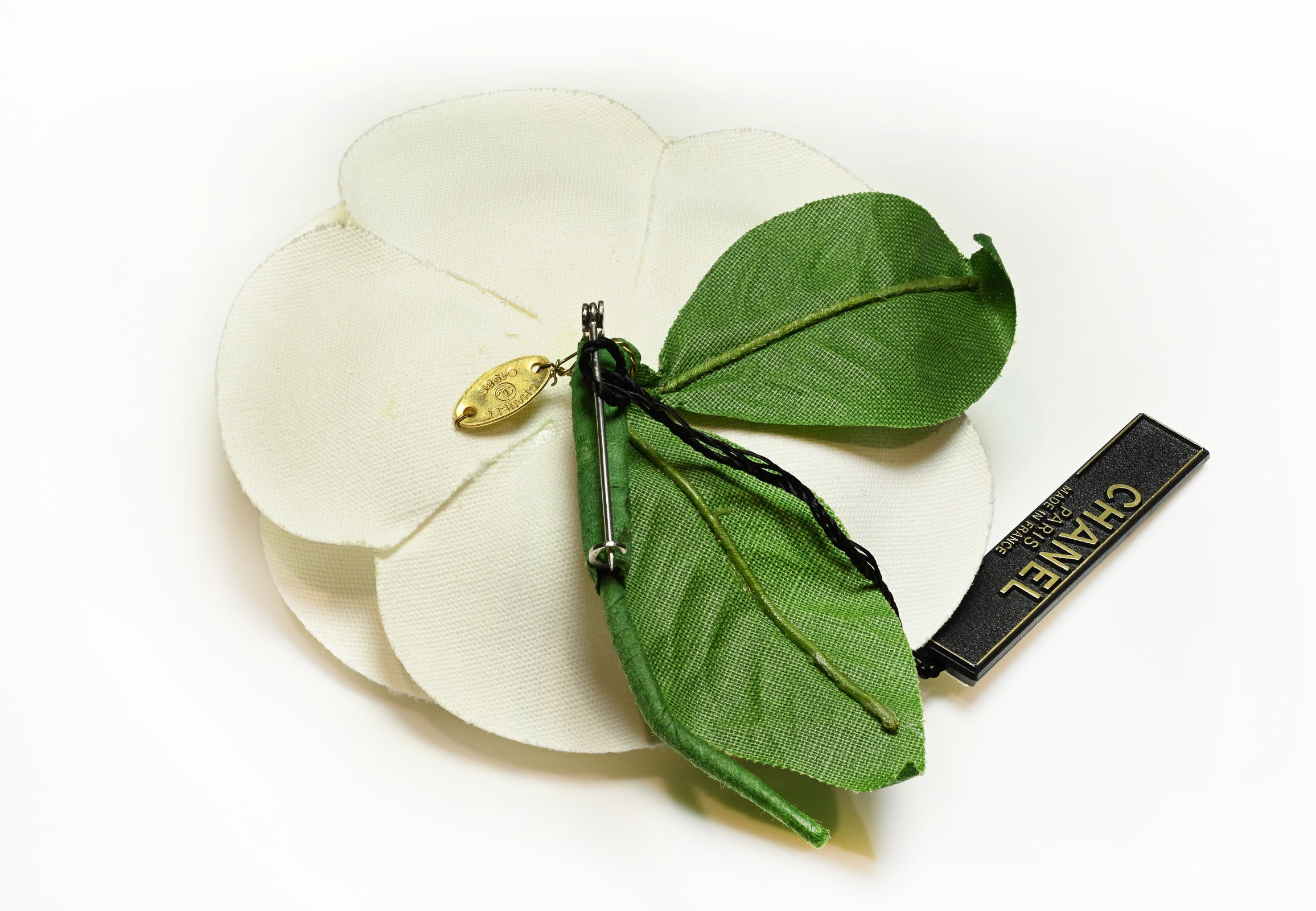 Vintage Chanel Paris White Green Silk Large Camellia Brooch 3