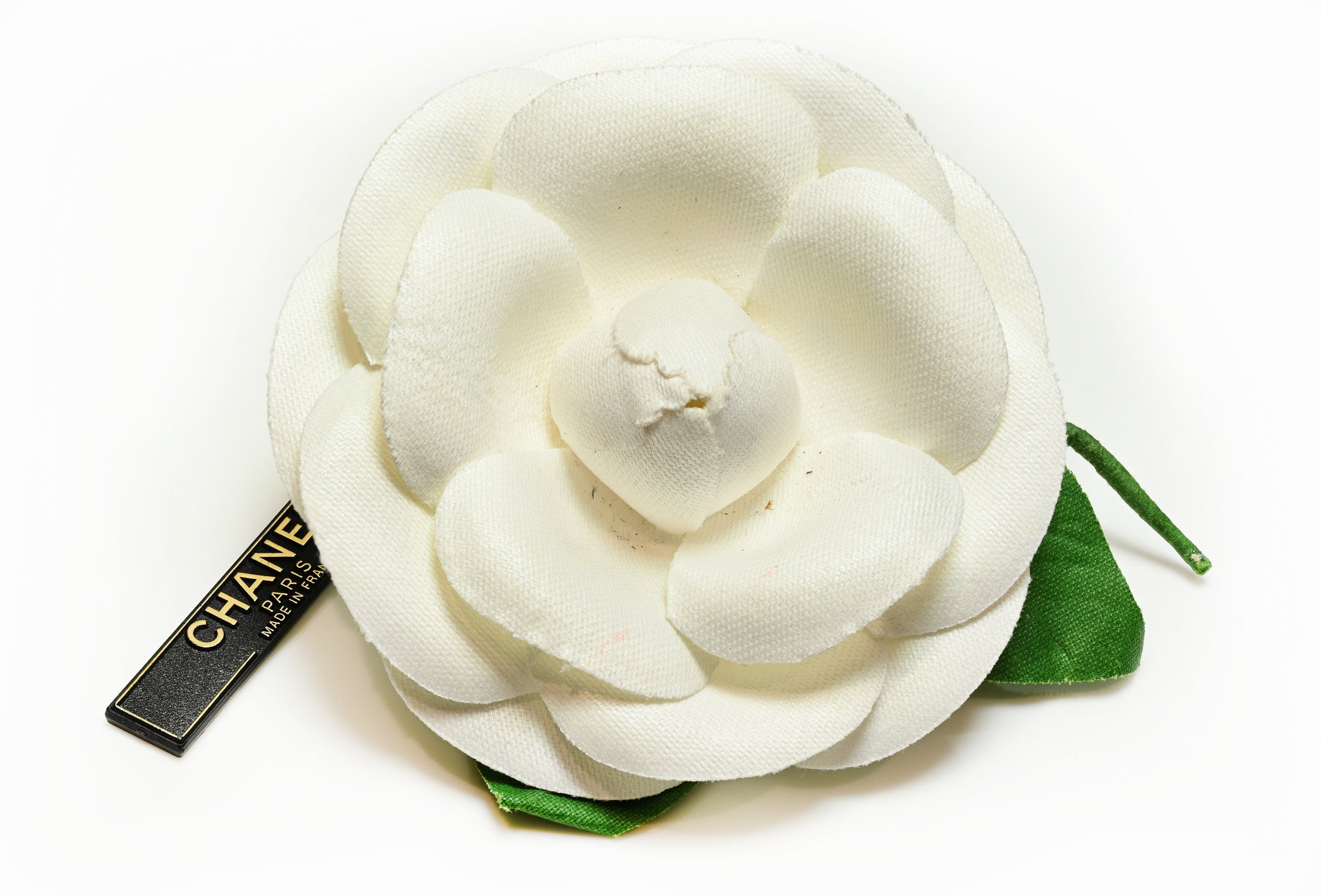 Vintage Chanel Paris White Green Silk Large Camellia Brooch 1
