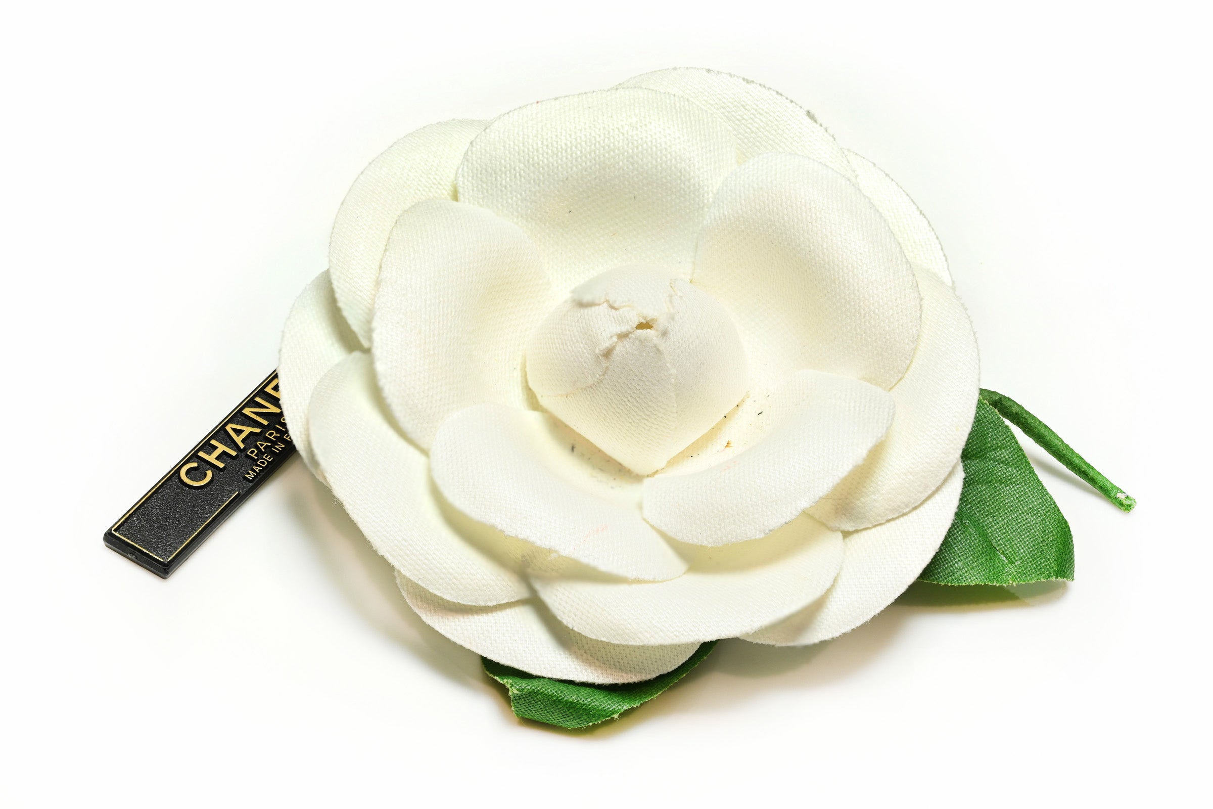 Vintage Chanel Paris White Green Silk Large Camellia Brooch 2