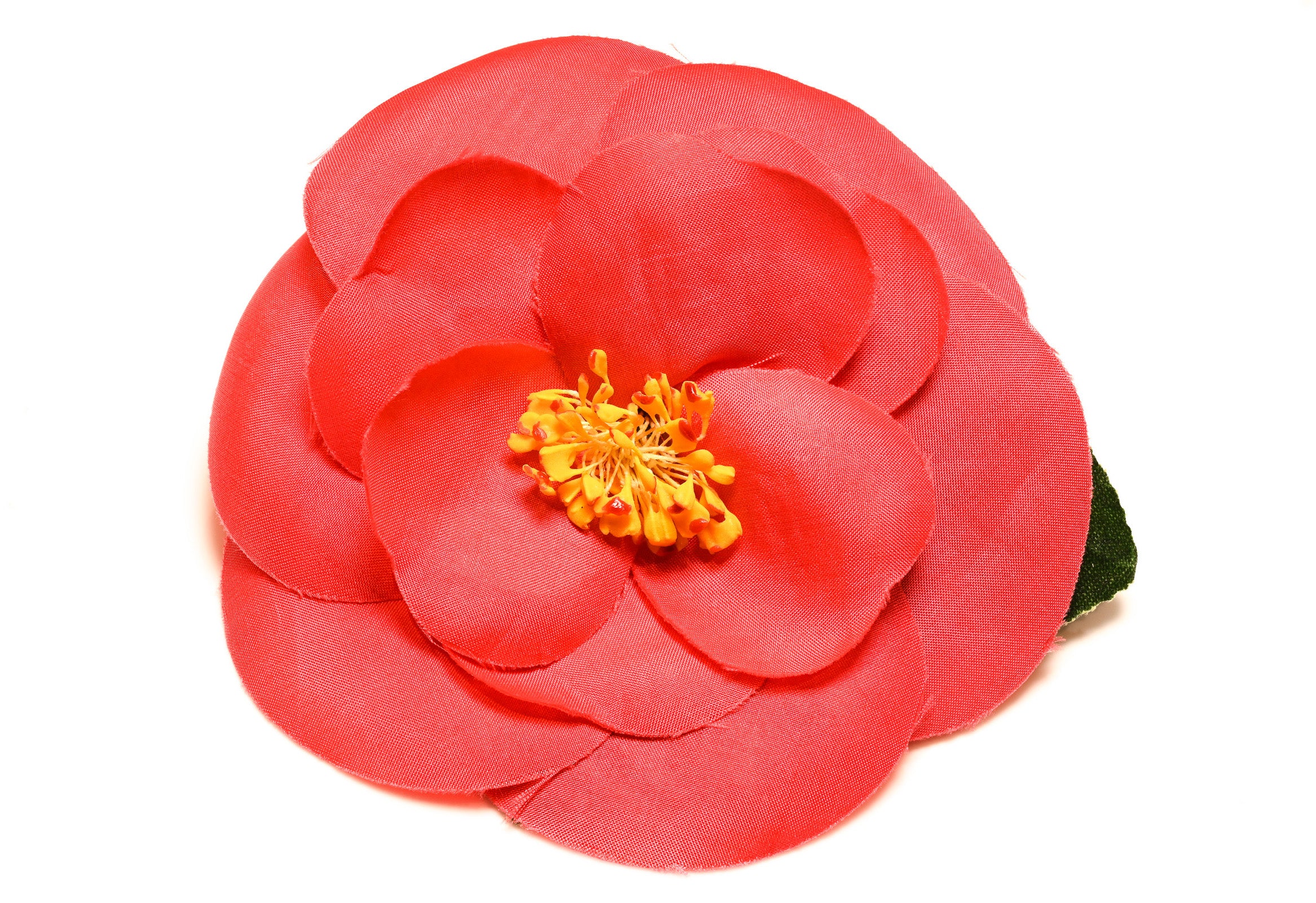Chanel Paris Red Green 100% Silk Camellia Flower Brooch