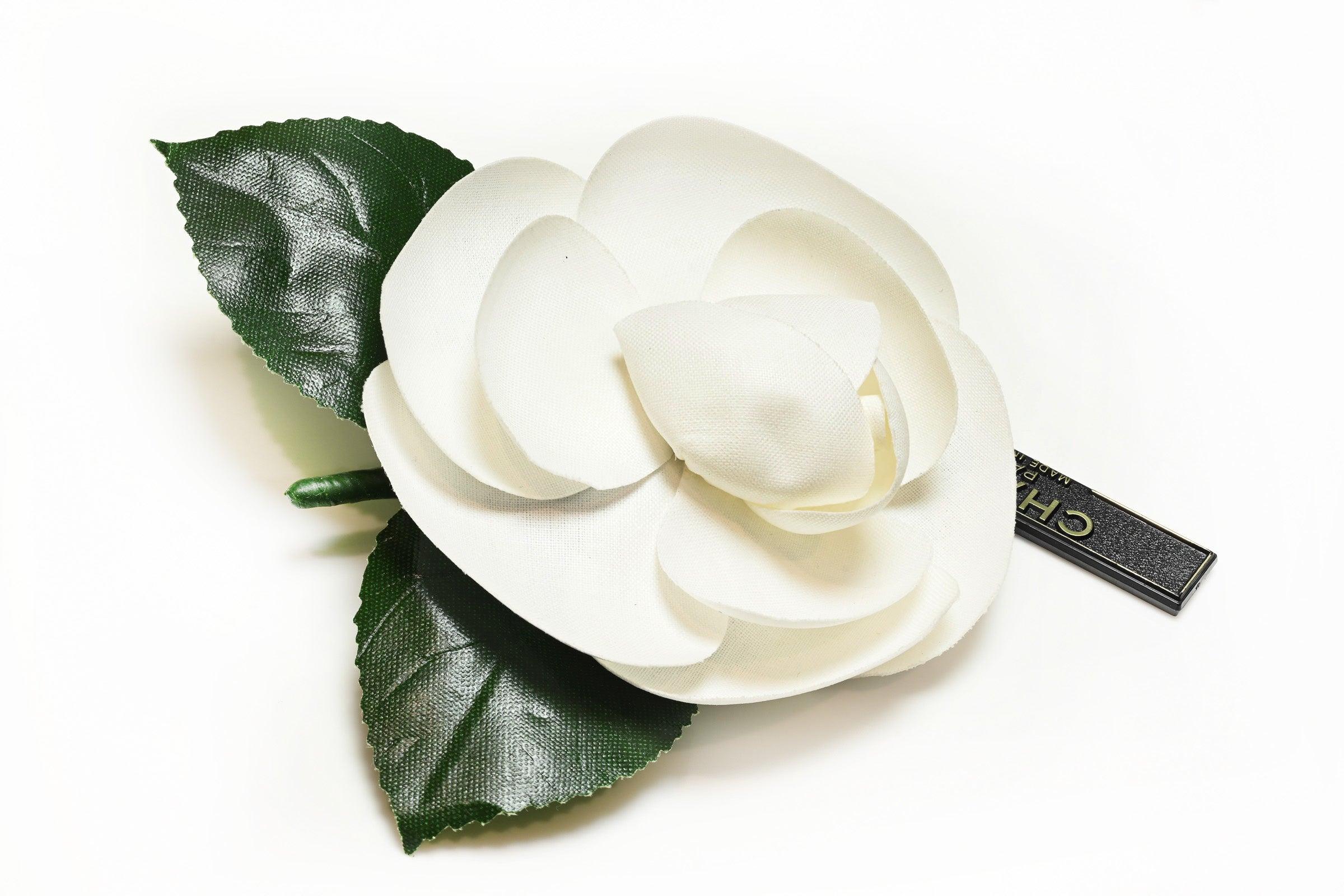 Vintage CHANEL Paris White Green Leaf Silk Camellia Flower Brooch 1