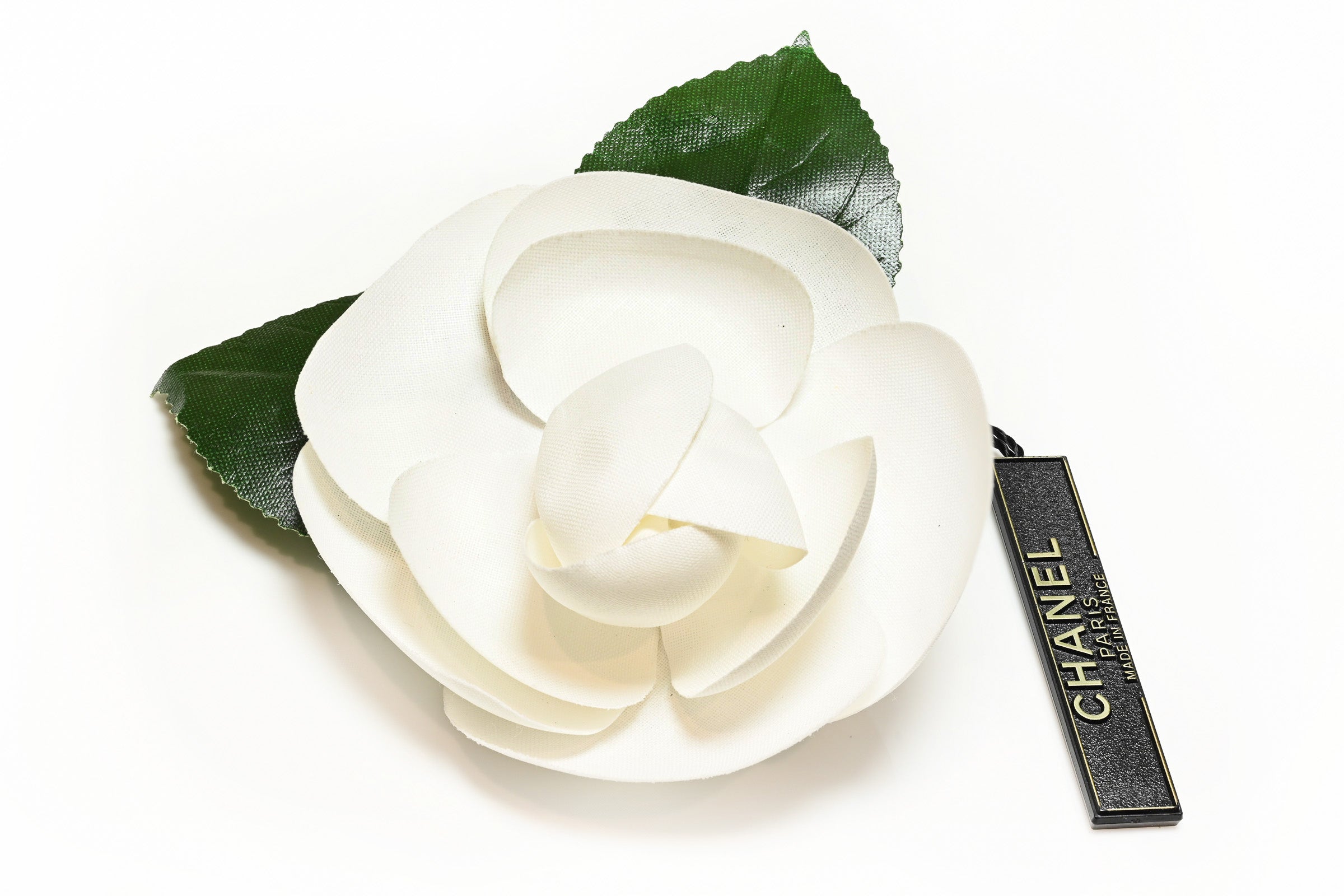 Vintage CHANEL Paris White Green Leaf Silk Camellia Flower Brooch