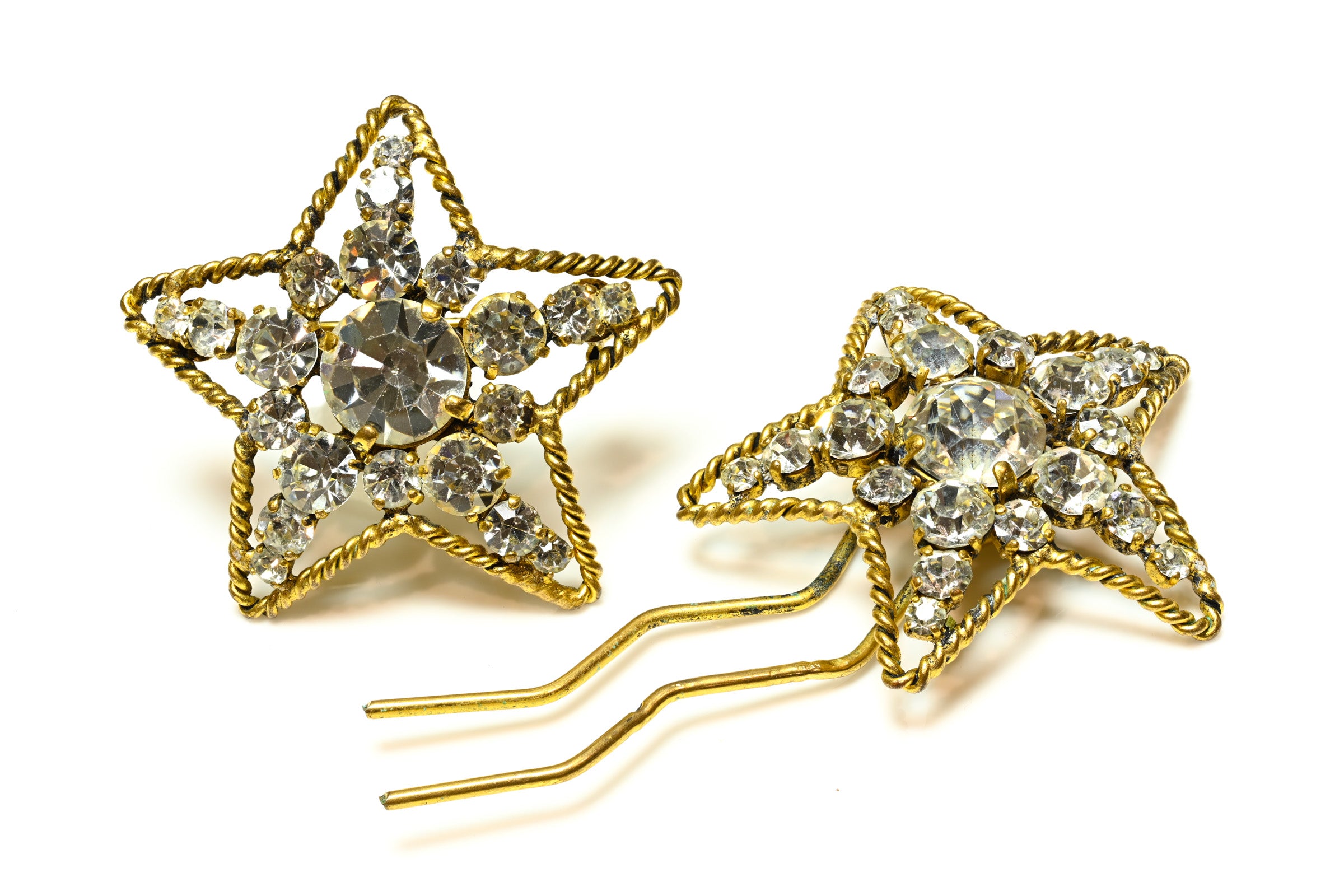 Vintage Chanel Paris 1982 Crystal Star Brooch Hairpin Set 1