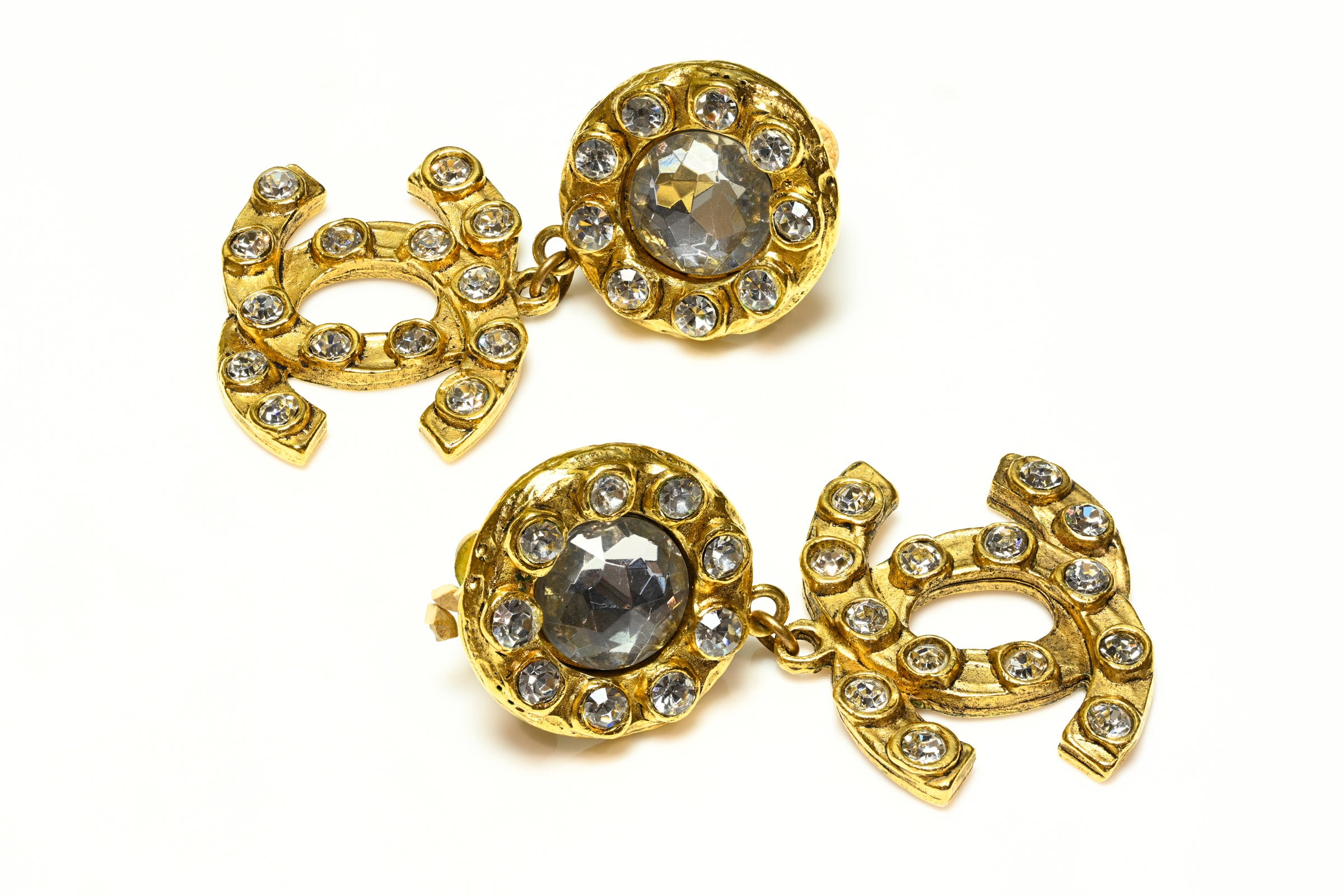 Vintage 1990's Chanel Paris Gold Plated CC Crystal Drop Earrings