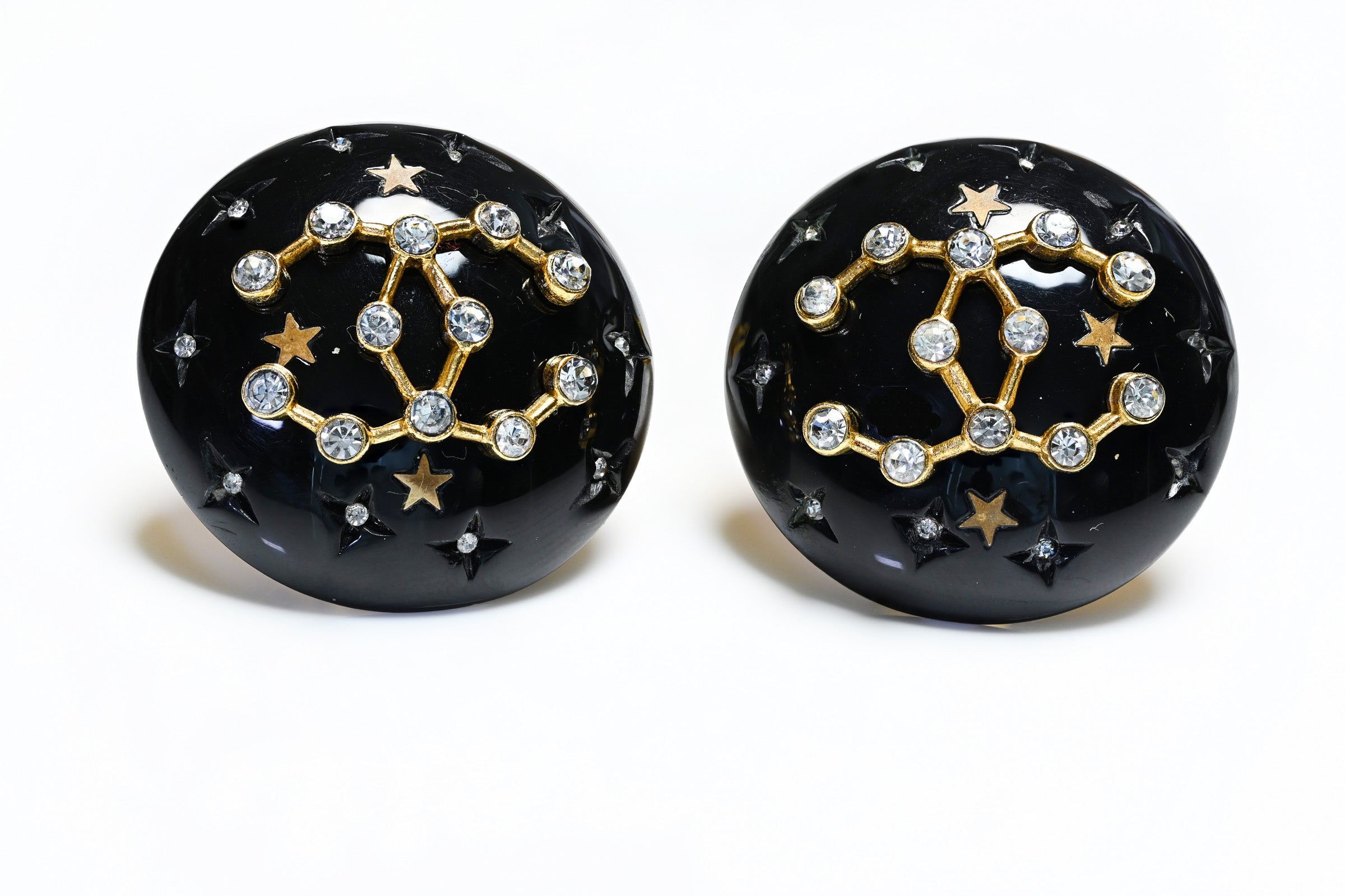 Chanel Paris Fall 1995 Black Resin Constellation CC Crystal Star Earrings