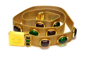 Vintage Chanel Paris Fall 1996 Maison Gripoix Red Green Glass Mesh CC Belt