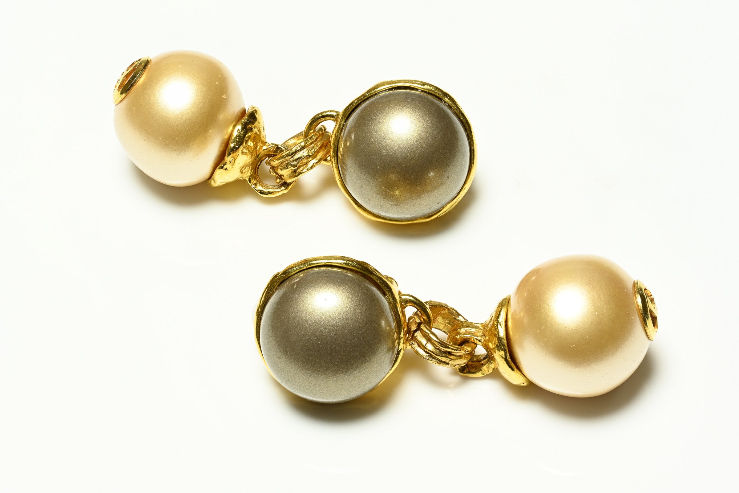 Vintage 1991 Chanel Paris Gray Cream Pearl CC Drop Earrings