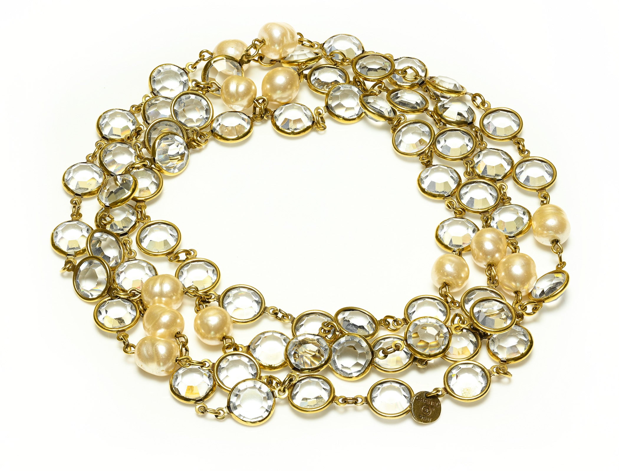 Vintage Chanel 1981 Pearl Clear Crystal Chiclet Sautoir Necklace