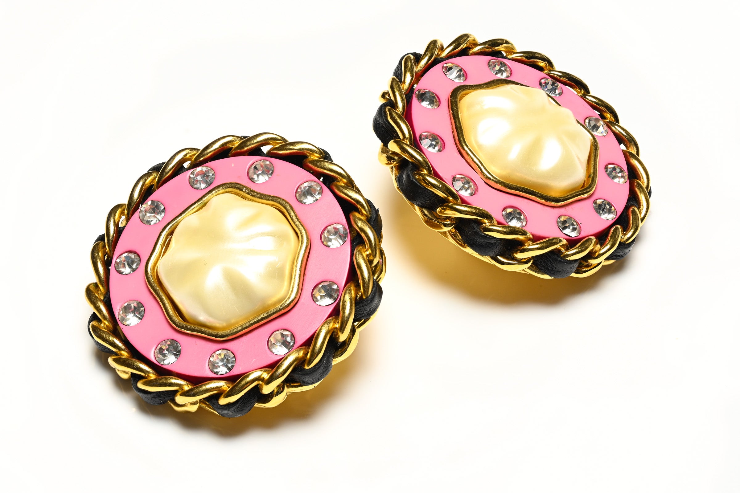 Vintage Chanel Paris Fall 1991 Pink Resin Pearl Crystal Leather Chain Earrings