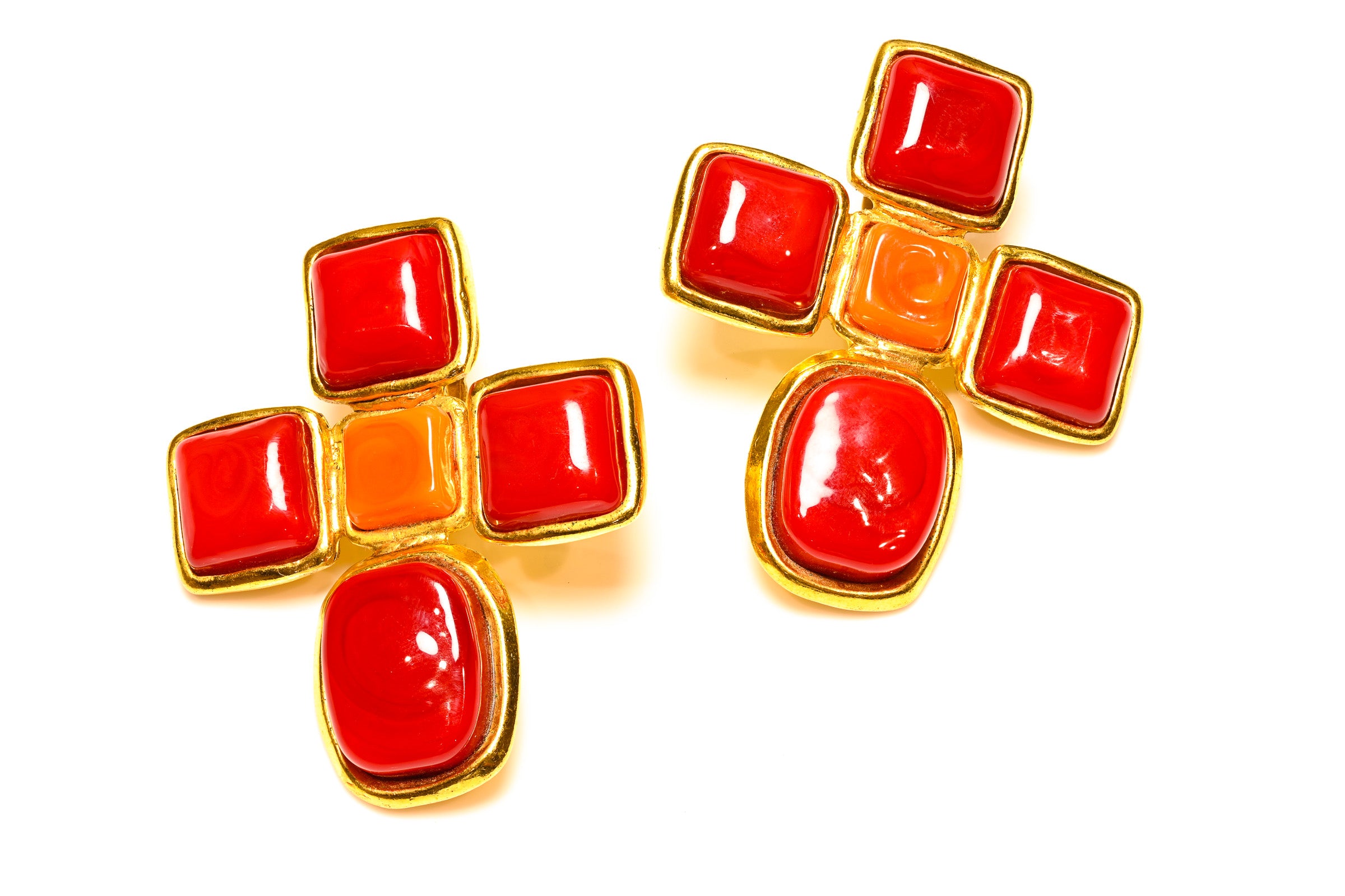 Vintage Spring 1993 Chanel Gripoix Red Orange Glass Cross Earrings