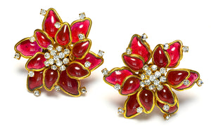 Vintage Chanel Paris Maison Gripoix Red Glass Camellia Flower Earrings