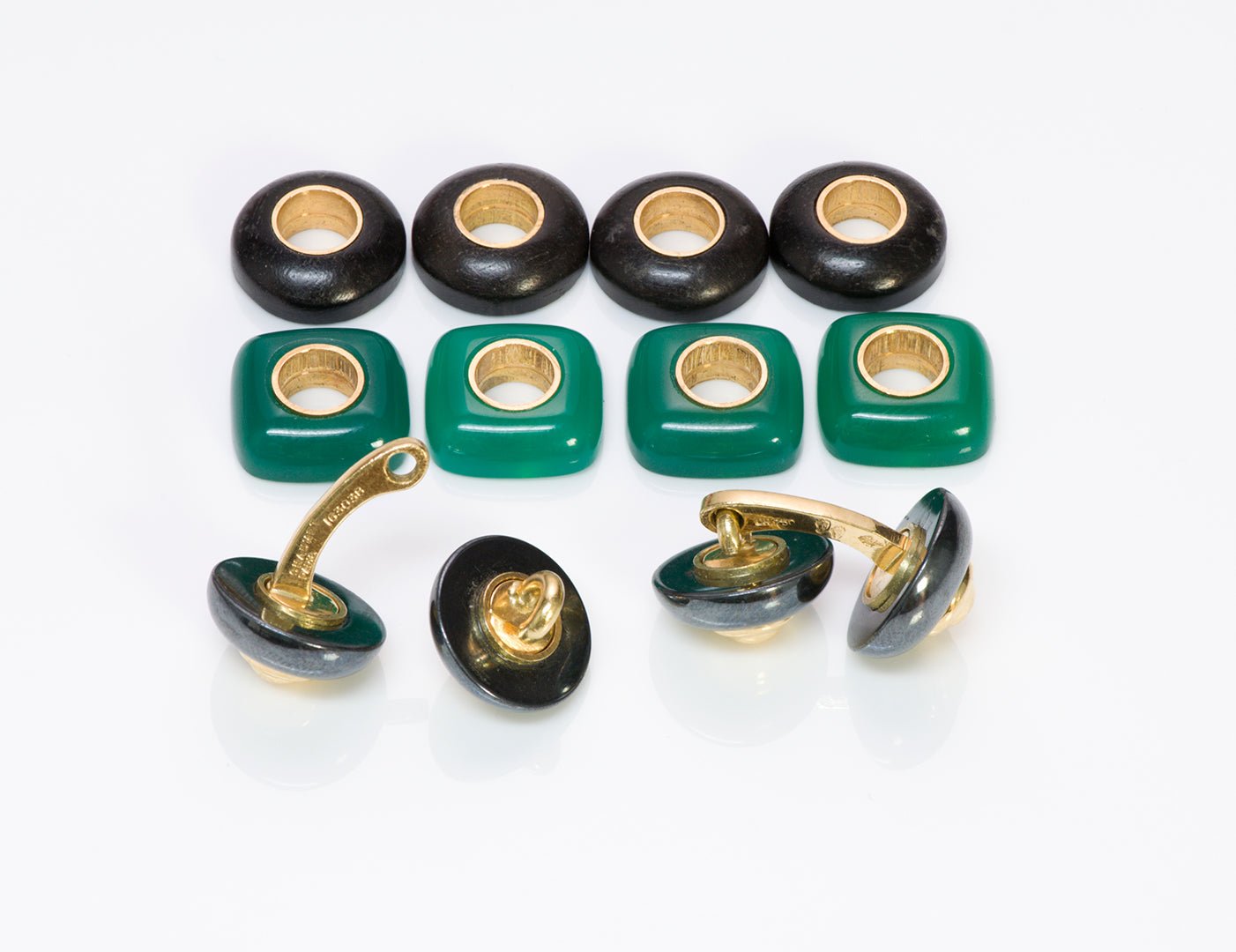 Chaumet 18K Gold Interchangeable Wood Hematite Green Onyx Cufflink Set