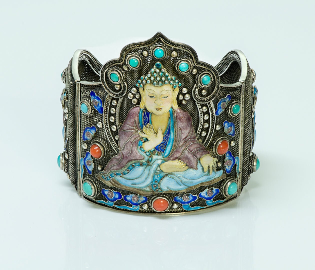 Chinese Buddha Silver Coral Enamel Cuff Bracelet