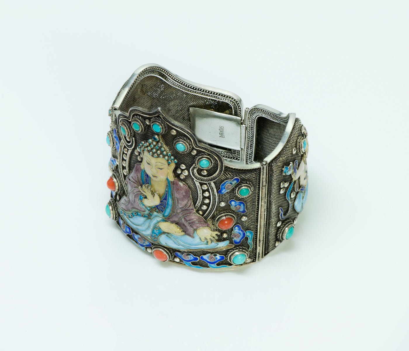 Chinese Buddha Silver Coral Enamel Cuff Bracelet