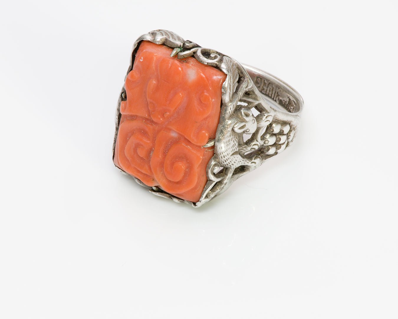 Chinese Carved Coral Silver Ring - DSF Antique Jewelry