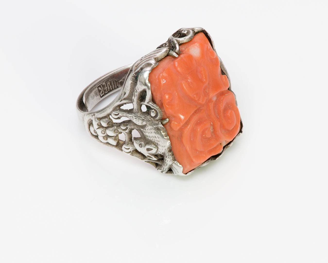 Chinese Carved Coral Silver Ring