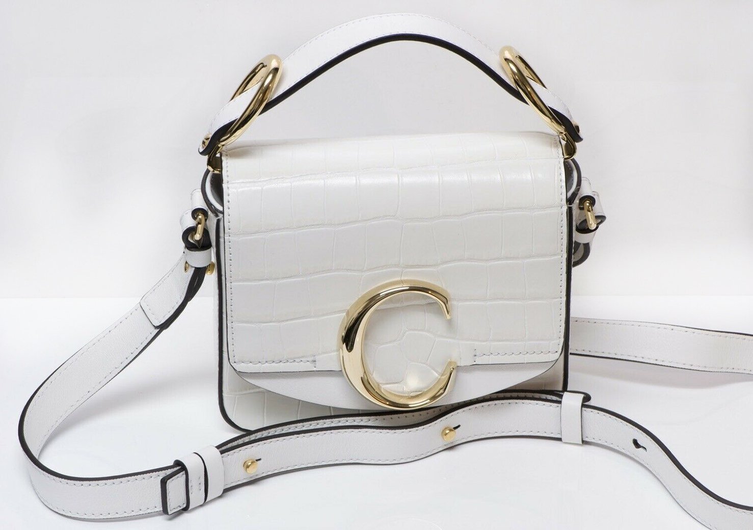 CHLOE C White Crocodile Print Embossed Leather Crossbody Mini Bag