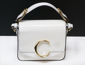 CHLOE C White Crocodile Print Embossed Leather Crossbody Mini Bag
