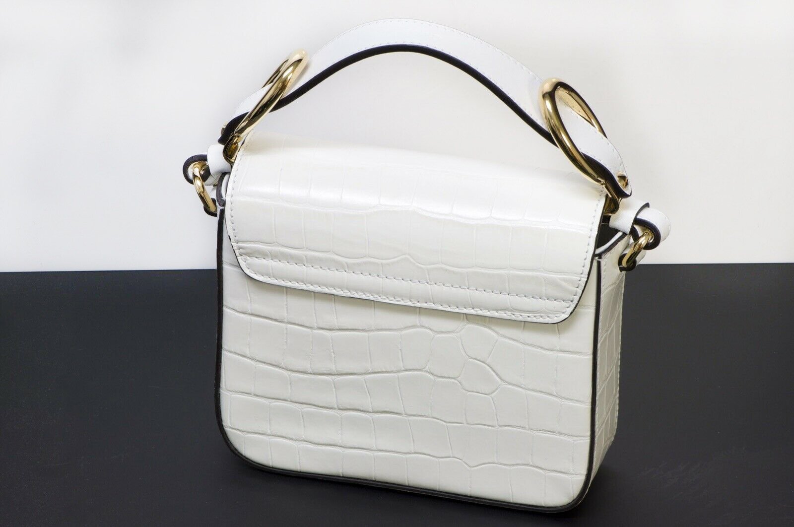CHLOE C White Crocodile Print Embossed Leather Crossbody Mini Bag