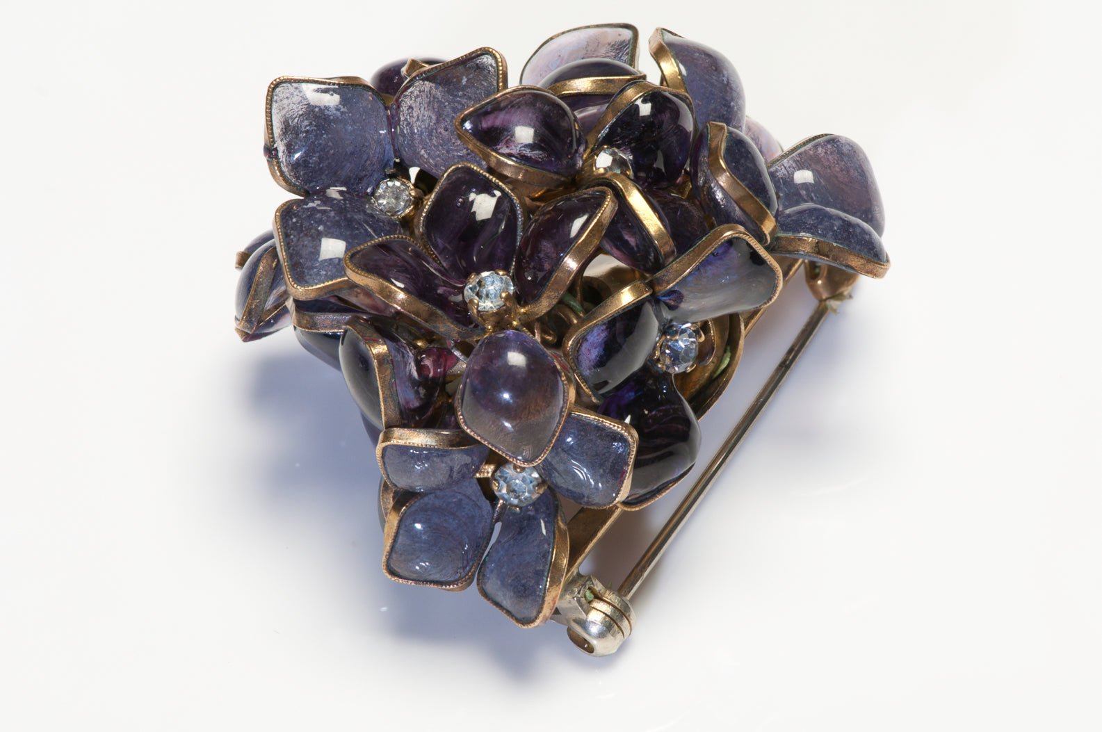 Christian Dior 1950’s Maison Gripoix Purple Glass Violets Flower Bouquet Brooch - DSF Antique Jewelry