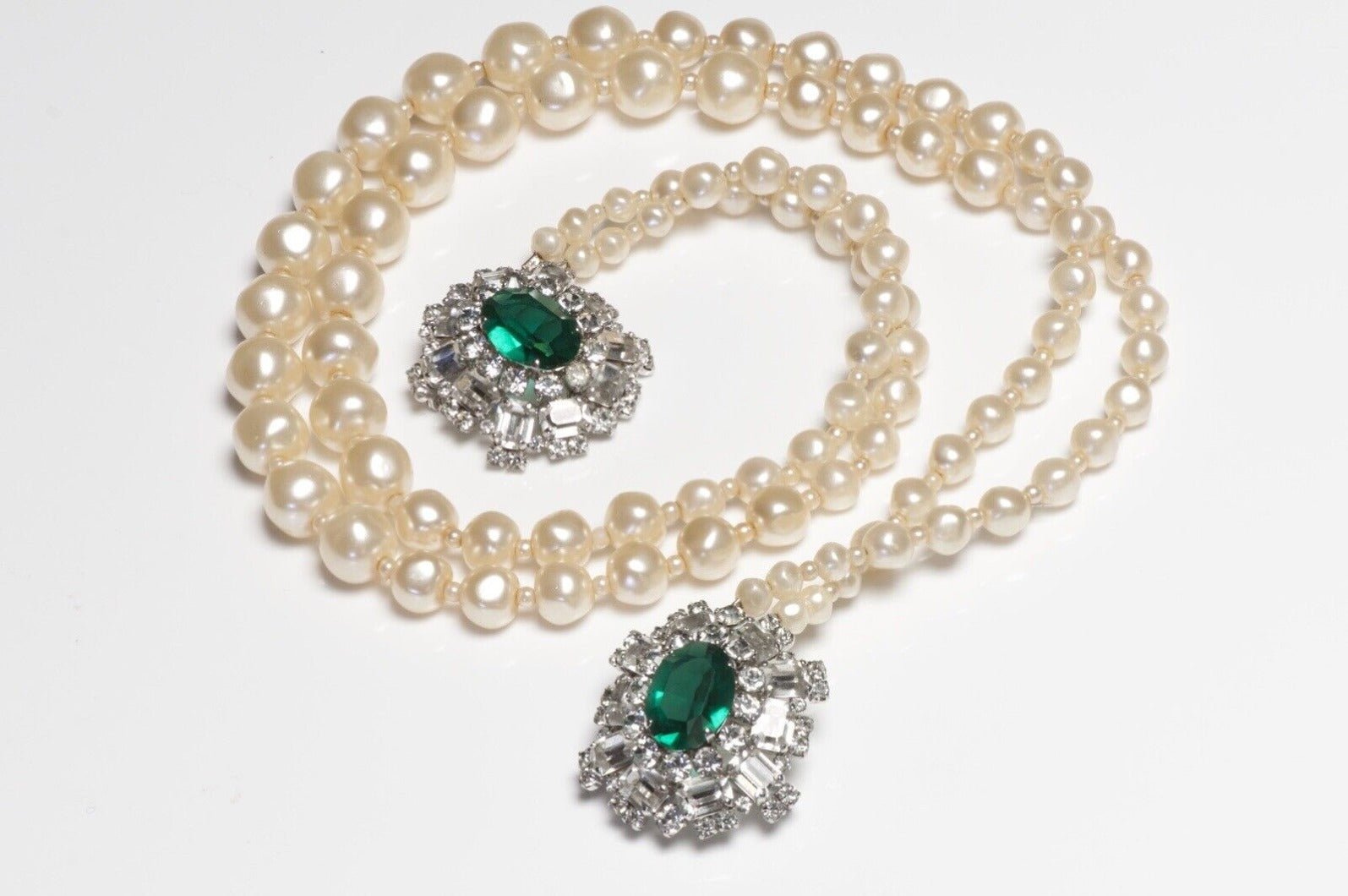 Christian Dior 1961 Marc Bohan Pearl Green Crystal Double Brooch Necklace - DSF Antique Jewelry