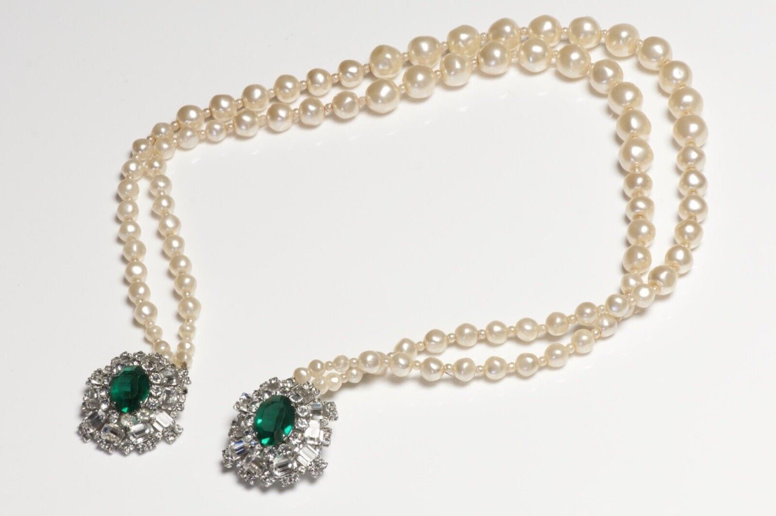Christian Dior 1961 Marc Bohan Pearl Green Crystal Double Brooch Necklace