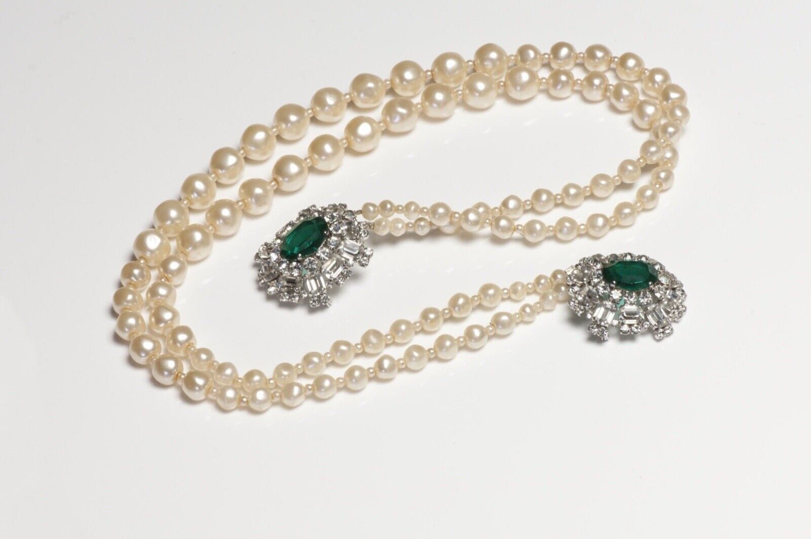 Christian Dior 1961 Marc Bohan Pearl Green Crystal Double Brooch Necklace
