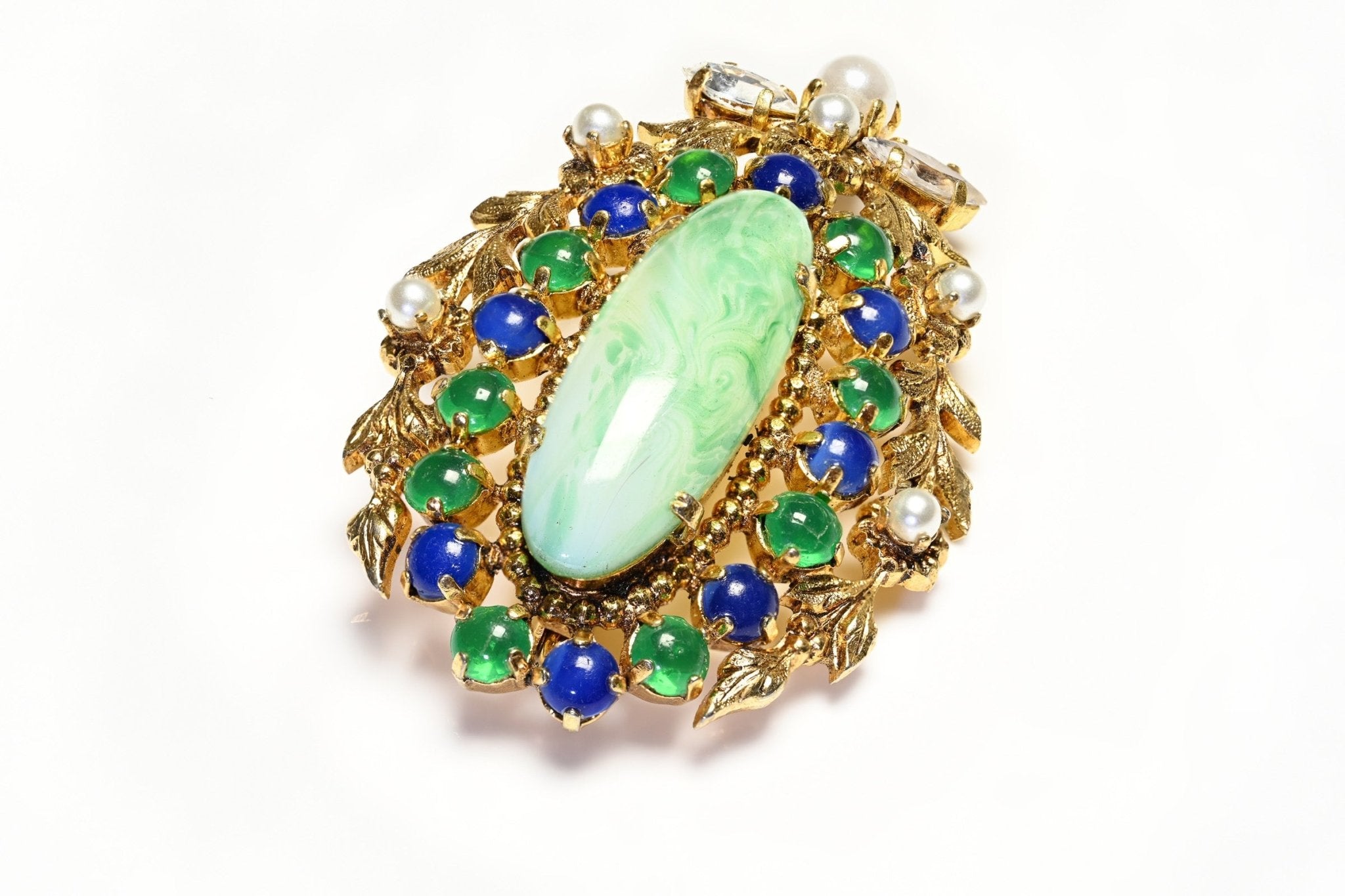 Christian Dior 1965 Henkel & Grosse Belle Epoque Green Blue Glass Pearl Brooch - DSF Antique Jewelry