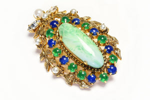 Christian Dior 1965 Henkel & Grosse Belle Epoque Green Blue Glass Pearl Brooch