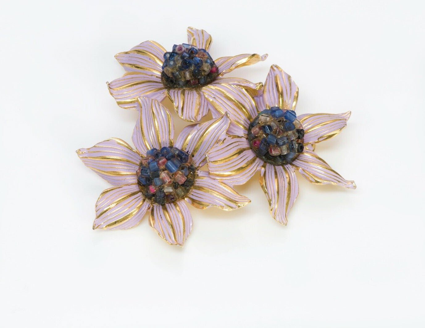 Christian DIOR 1966-1967 Henkel & Grosse Enamel Beads Flower Brooch Earrings Set