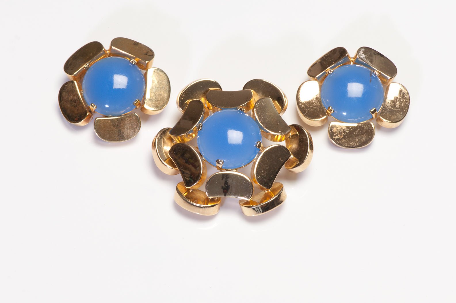 Christian Dior 1968 Henkel & Grosse Blue Cabochon Flower Earrings Brooch Set