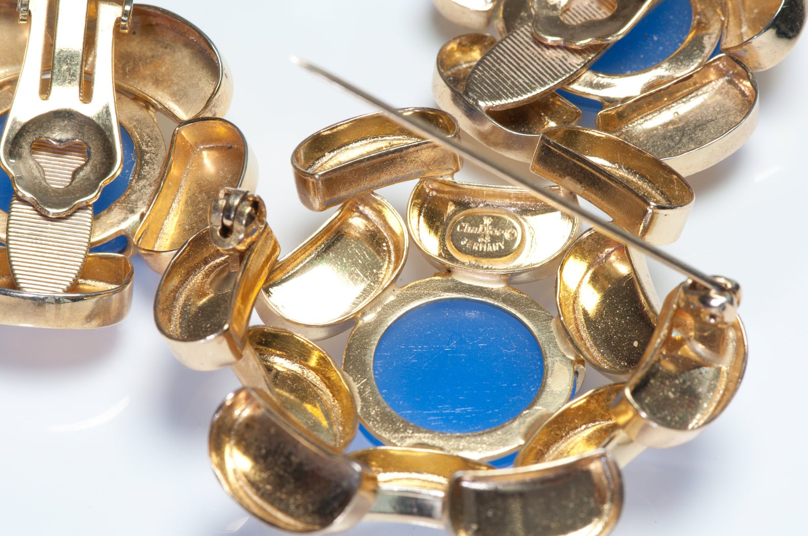 Christian Dior 1968 Henkel & Grosse Blue Cabochon Flower Earrings Brooch Set - DSF Antique Jewelry