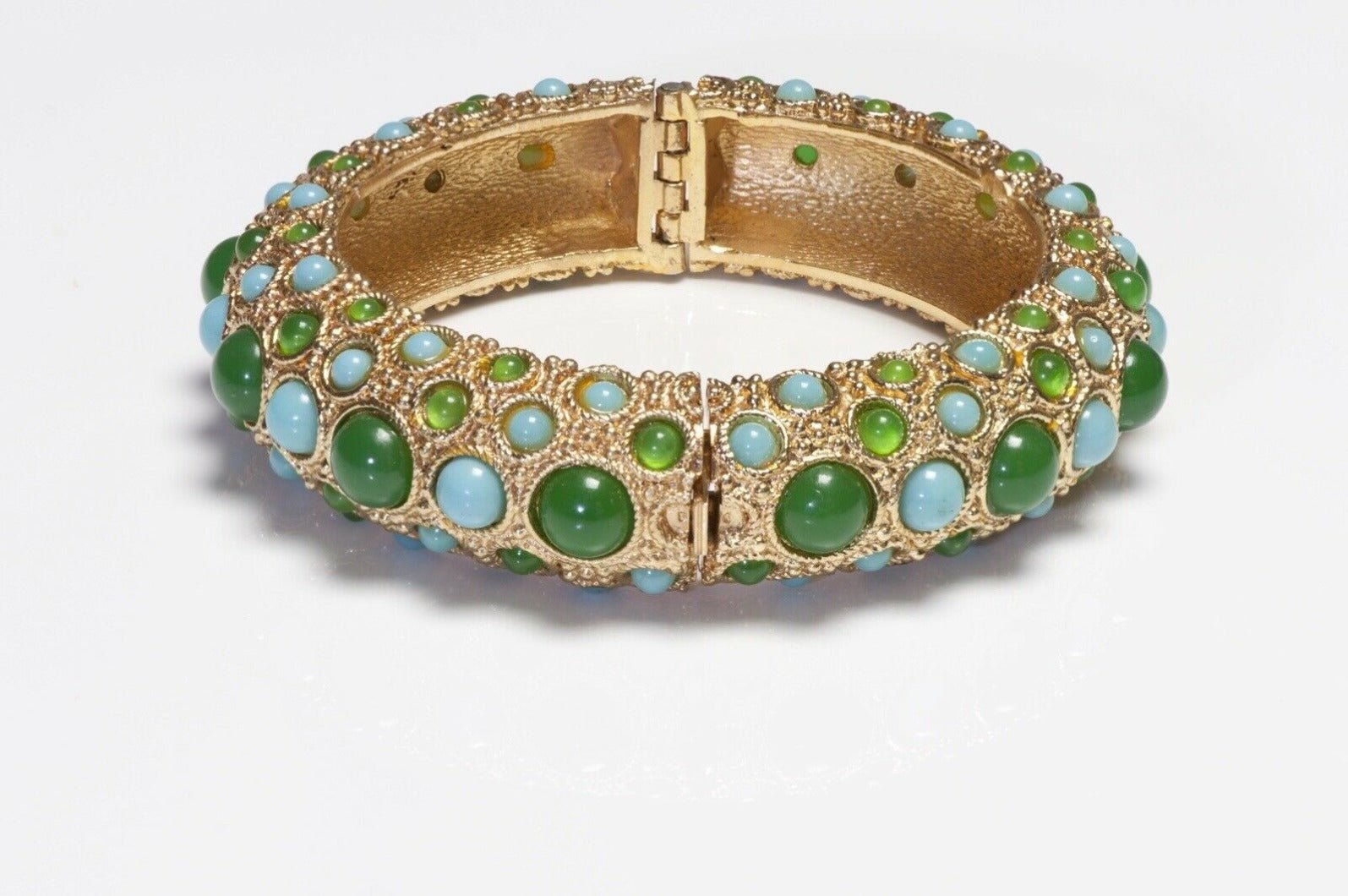 Christian Dior 1968 Henkel & Grosse Green Blue Cabochon Glass Bangle Bracelet - DSF Antique Jewelry