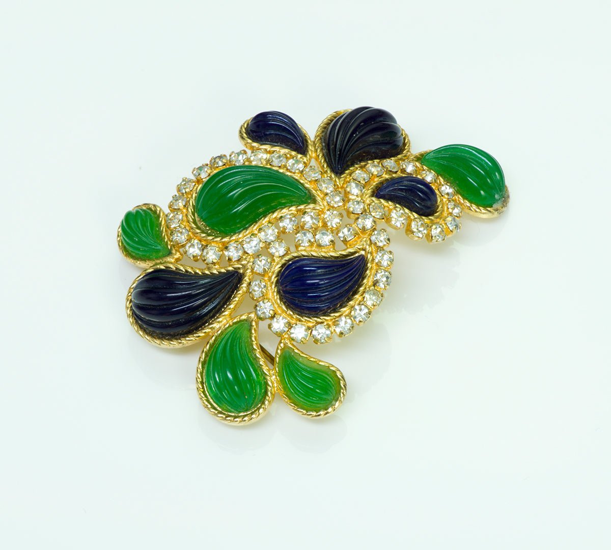 Christian Dior 1970 Green Blue Carved Glass Brooch - DSF Antique Jewelry