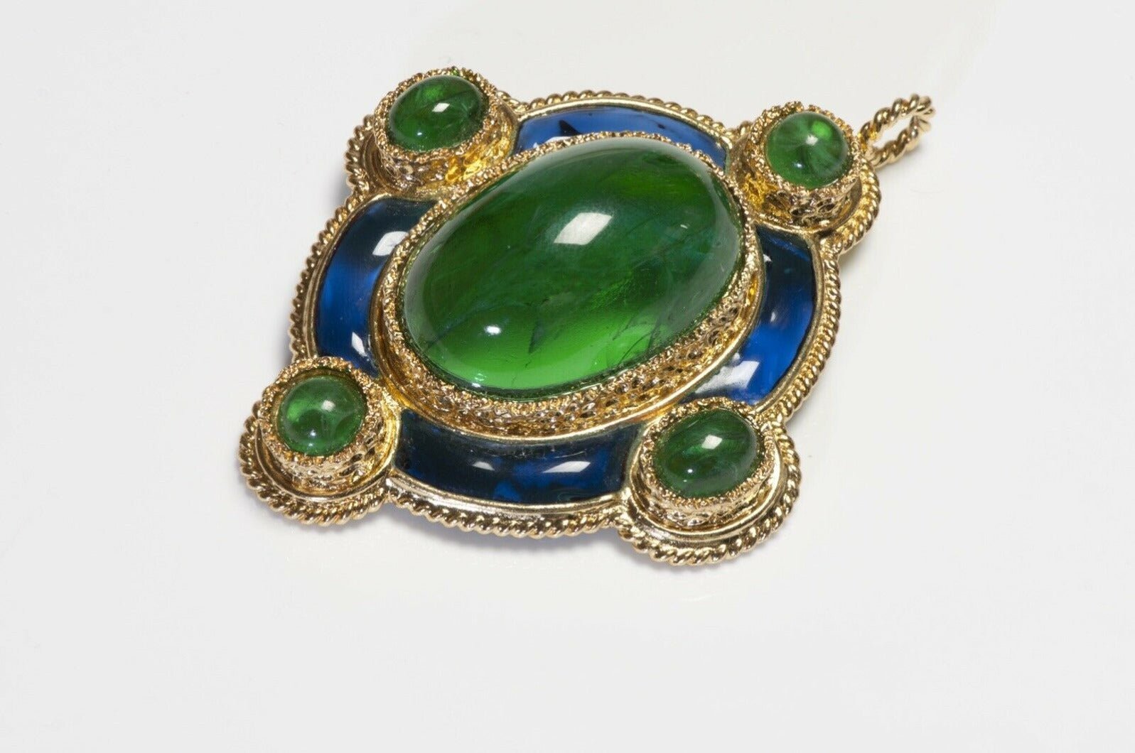 Christian Dior 1971 Henkel & Grosse Green Blue Poured Glass Pendant - DSF Antique Jewelry