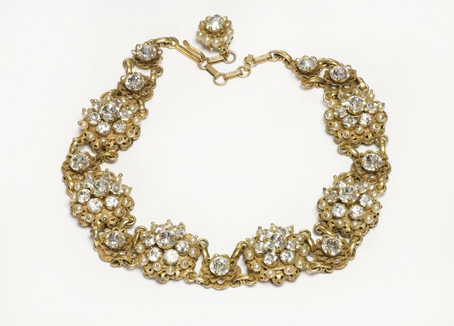 Christian DIOR by Kramer New York 1950’s Faux Pearl Crystal Choker Necklace