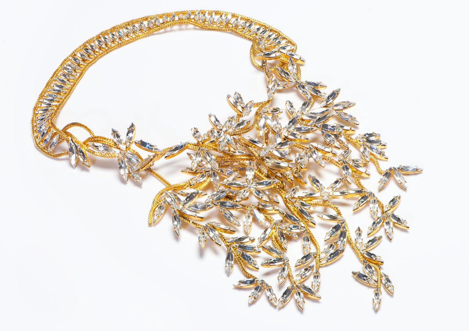 Christian Dior Couture 1950's Roger Jean Pierre Crystal Leaf Waterfall Necklace - DSF Antique Jewelry