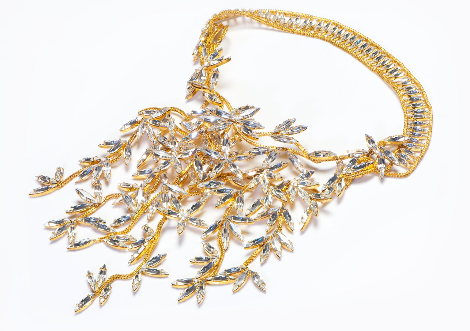 Christian Dior Couture 1950's Roger Jean Pierre Crystal Leaf Waterfall Necklace